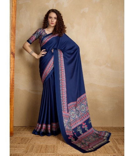 Generic Women's Satin Crepe Printed Saree With Unstitched Blouse 5.5Mtr (Navy Blue)