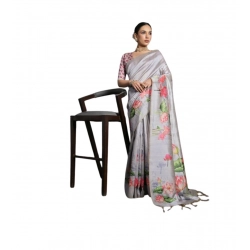 Generic Women's Cotton Printed Saree With Unstitched Blouse 5.5 Mtr (Grey)