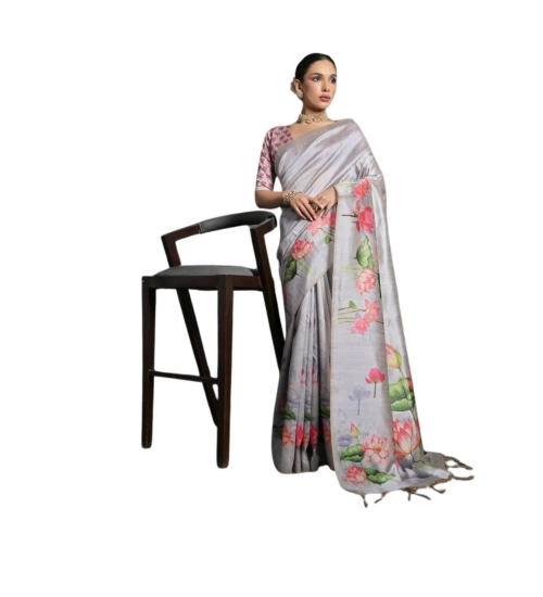 Generic Women's Cotton Printed Saree With Unstitched Blouse 5.5 Mtr (Grey)