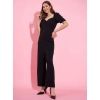 Generic Women's Polyester Lycra Solid Puff Sleeve Jumpsuit (Black)