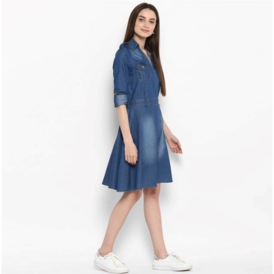 Generic Women's Denim Solid Roll Up Sleeve Dress (Blue) Generic Women's Denim Solid Roll Up Sleeve Dress (Blue)