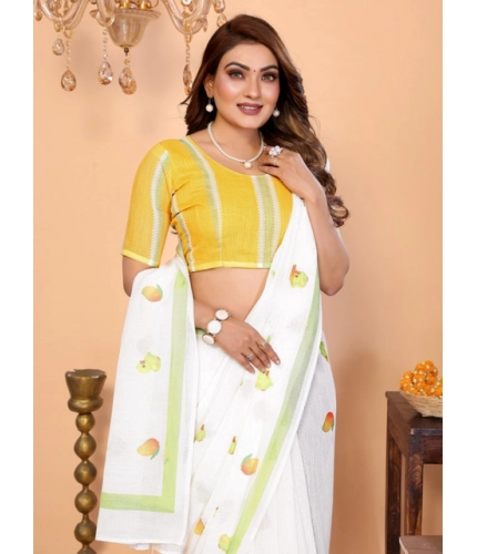 Generic Women's Linen Cotton Printed Saree With Unstitched Blouse 5.5Mtr (White)