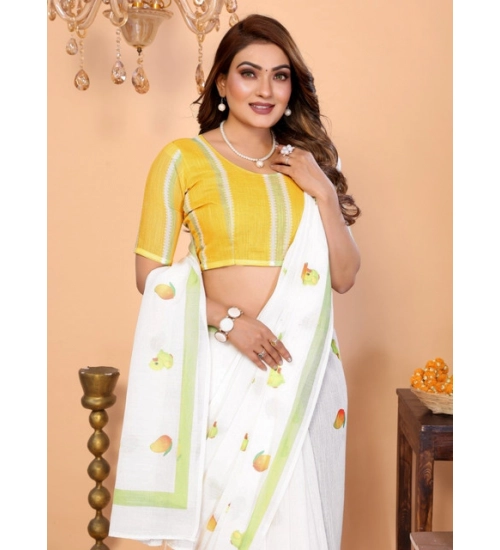 Generic Women's Linen Cotton Printed Saree With Unstitched Blouse 5.5Mtr (White)