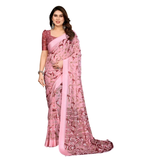 Generic Women's Georgette Printed Saree With Unstitched Blouse 5.5Mtr (Pink)
