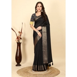 Generic Women's Cotton Blend Checkered Saree With Unstitched Blouse 5.5Mtr (Black)