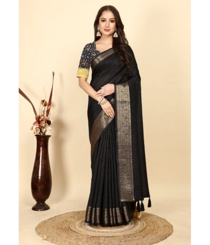 Generic Women's Cotton Blend Checkered Saree With Unstitched Blouse 5.5Mtr (Black)