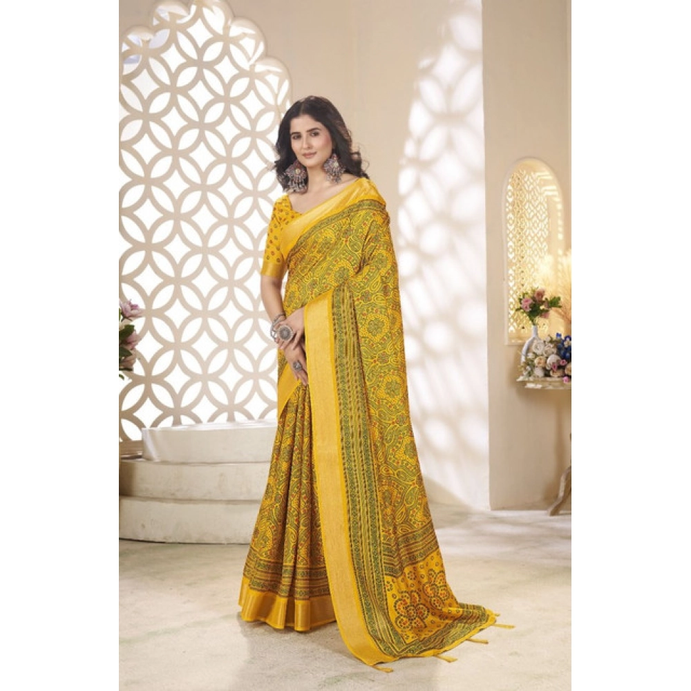 Women's Cotton Silk Floral Printed Saree With Unstitched Blouse 5.5Mtr (Yellow)