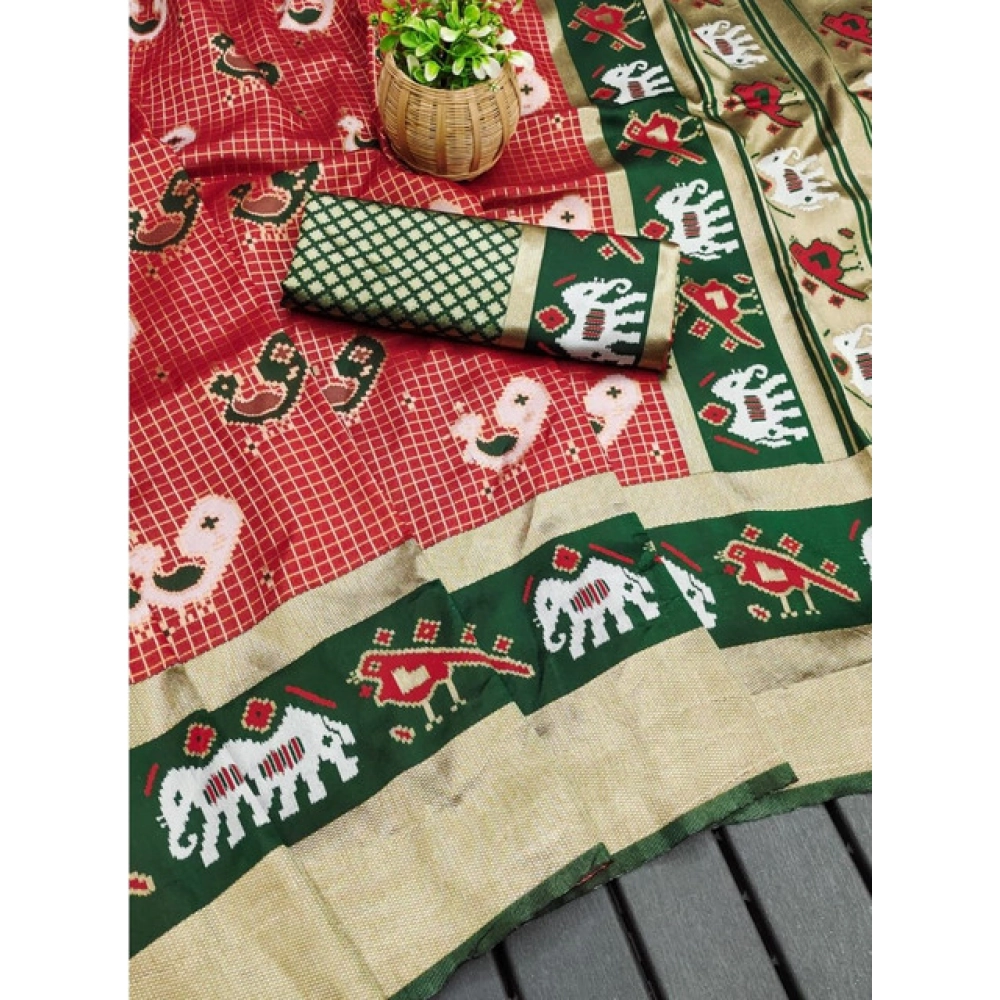 Generic Women's Soft Litchi Silk Jacquard Work Saree With Unstitched Blouse 5.5Mtr (Red-Green)