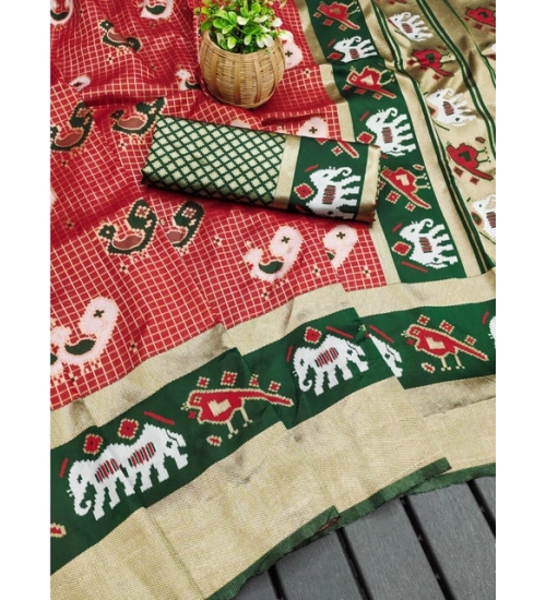 Generic Women's Soft Litchi Silk Jacquard Work Saree With Unstitched Blouse 5.5Mtr (Red-Green)