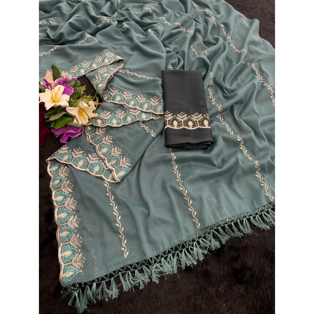 Women's Georgette Embroidered Saree With Unstitched Blouse 5.5Mtr (Blue)