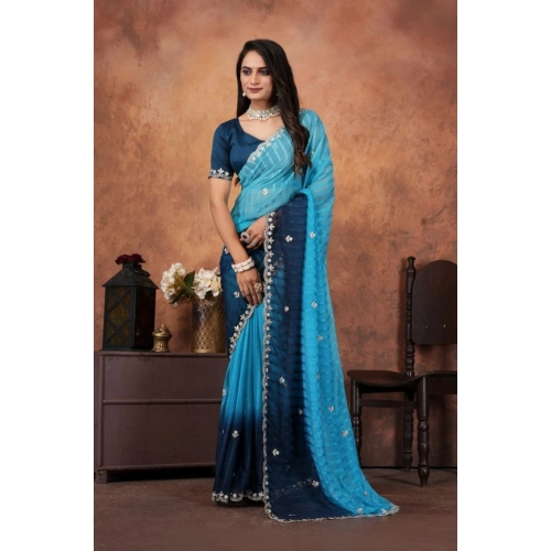 Women's Chiffon Embroidred Saree With Unstitched Blouse 5.5Mtr (Light Blue)
