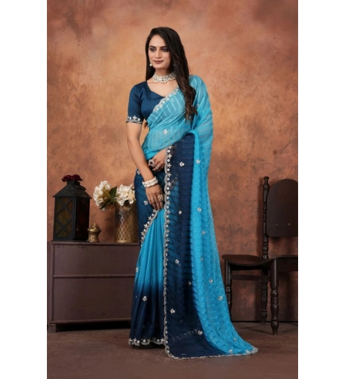 Generic Women's Chiffon Embroidred Saree With Unstitched Blouse 5.5Mtr (Light Blue)
