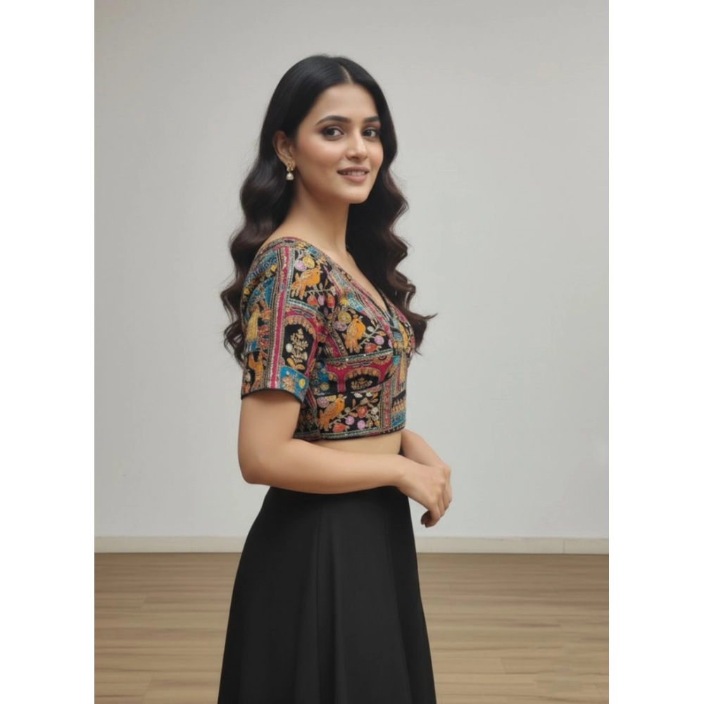 Generic Women's Crepe Position Print V Neck Short Sleeve Readymade Blouse (Black 38 Ready , Alterable 36–40)-PID65821 Generic Women's Crepe Position Print V Neck Short Sleeve Readymade Blouse (Black 38 Ready , Alterable 36–40)-PID65821