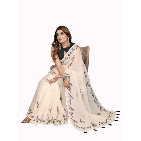 Generic Women's Linen Cotton Printed Saree With Unstitched Blouse 5.5Mtr (Off White) Generic Women's Linen Cotton Printed Saree With Unstitched Blouse 5.5Mtr (Off White)
