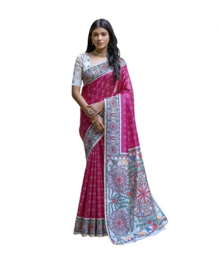 Generic Women's Faux_Tussar Geometric_Print Saree With Unstitched Blouse 5.5Mtr (Pink)