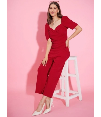 Generic Women's Polyester Lycra Solid Puff Sleeve Jumpsuit (Red)