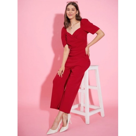 Generic Women's Polyester Lycra Solid Puff Sleeve Jumpsuit (Red) Generic Women's Polyester Lycra Solid Puff Sleeve Jumpsuit (Red)