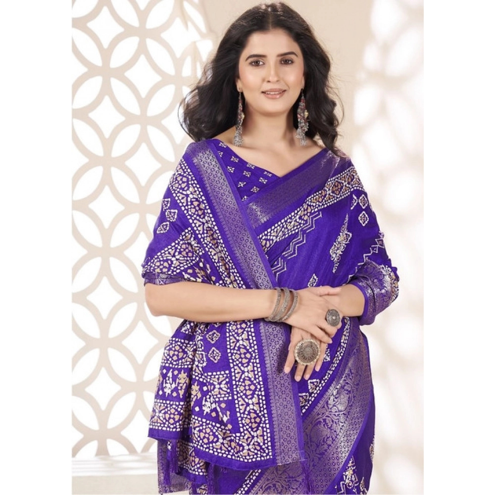 Women’s Cotton Silk Printed Saree With Unstitched Blouse 5.5Mtr (Royal Blue)