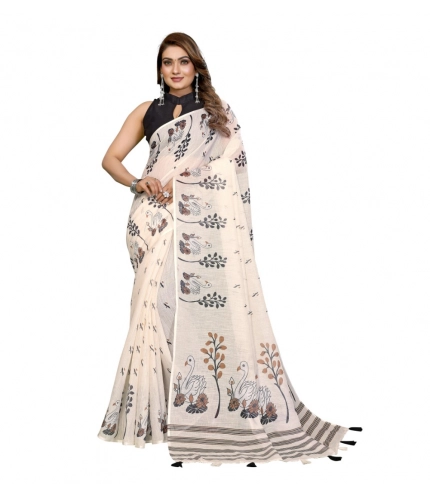 Generic Women's Linen Cotton Printed Saree With Unstitched Blouse 5.5Mtr (Off White)