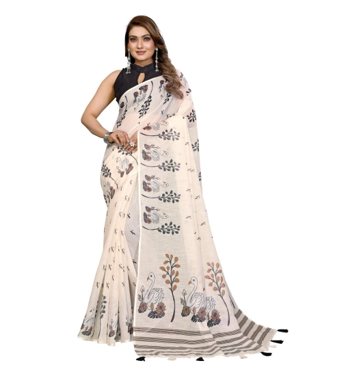 Generic Women's Linen Cotton Printed Saree With Unstitched Blouse 5.5Mtr (Off White) Generic Women's Linen Cotton Printed Saree With Unstitched Blouse 5.5Mtr (Off White)