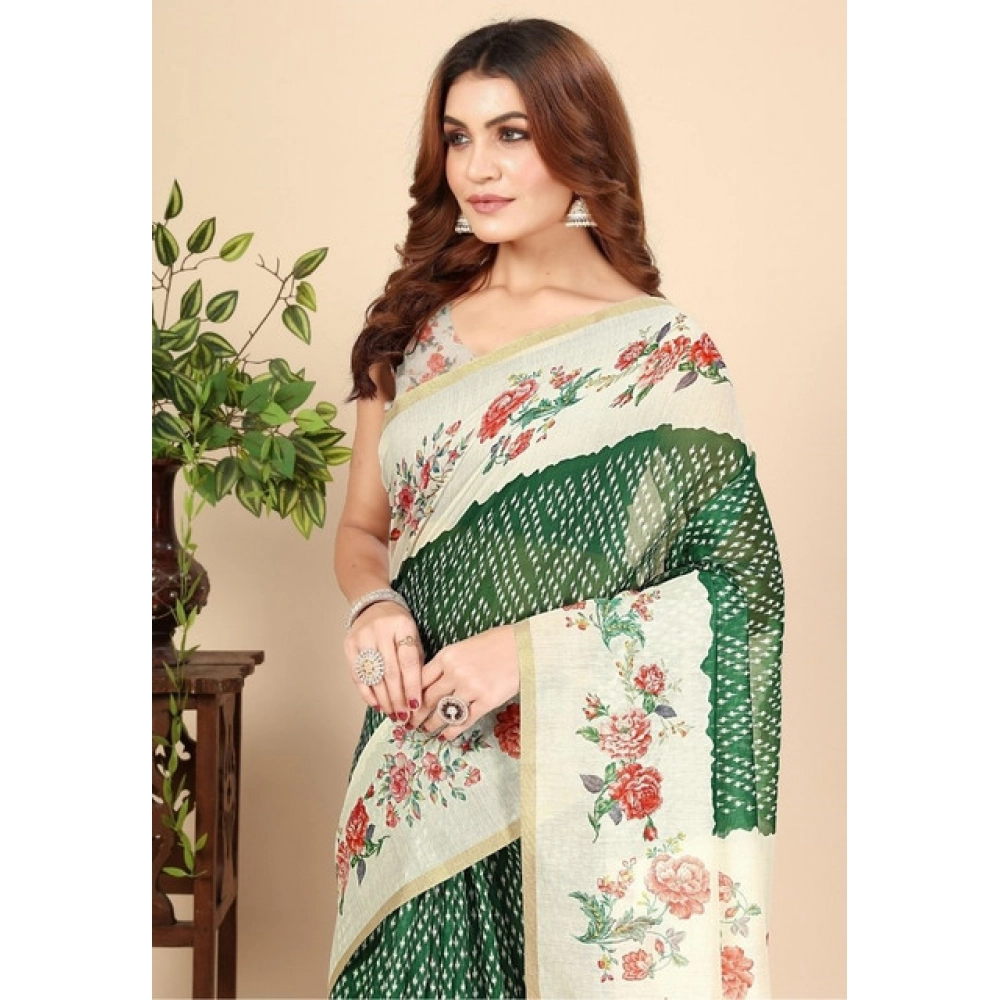 Women’s Chanderi Floral Printed Saree With Unstitched Blouse 5.5Mtr (Green)