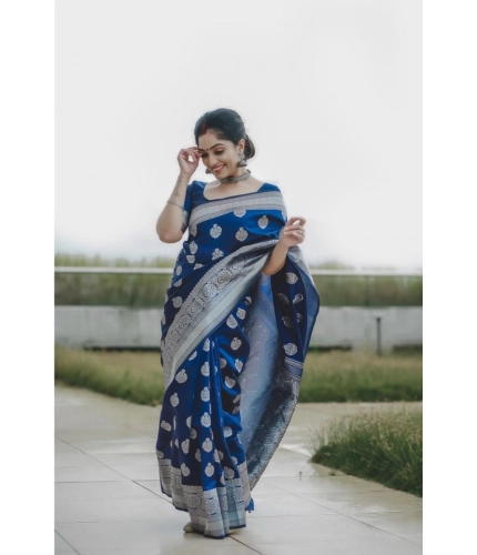 Generic Women's Soft Lichi Silk Printed Saree With Unstitched Blouse 5.5Mtr (Blue)