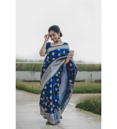 Generic Women's Soft Lichi Silk Printed Saree With Unstitched Blouse 5.5Mtr (Blue)