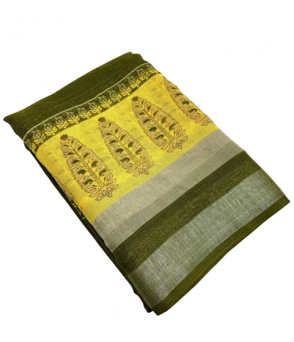 Generic Women's Cotton Linen Printed Saree With Unstitched Blouse 5.5Mtr (Green)
