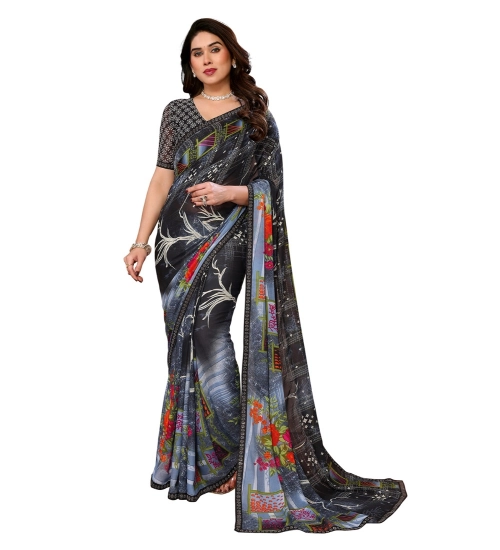 Generic Women's Georgette Printed Saree With Unstitched Blouse 5.5Mtr (Black)