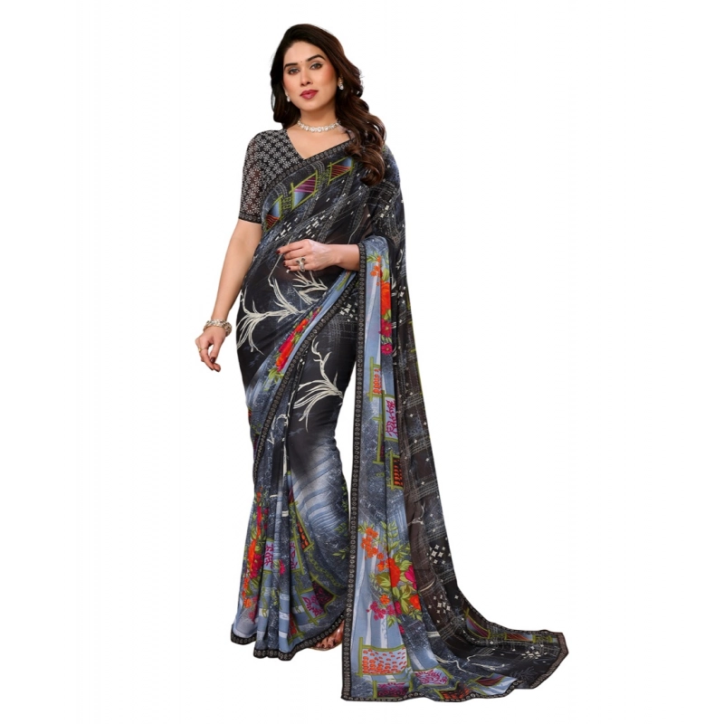 Women's Georgette Printed Saree With Unstitched Blouse 5.5Mtr (Black) Women's Georgette Printed Saree With Unstitched Blouse 5.5Mtr (Black)
