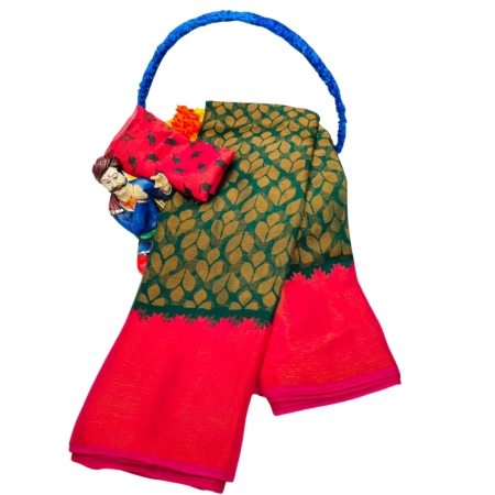 Generic Women's Brasso Printed Saree With Unstitched Blouse 5.5Mtr (Green)