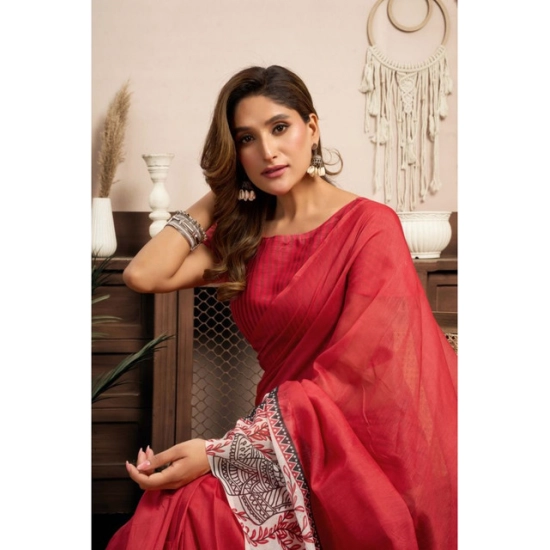 Generic Women's Linen Cotton Printed Ready To Wear Saree With Unstitched Blouse 5.5 Mtr (Red)