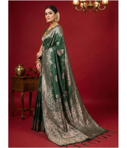 Generic Women's Silk Blend Printed Saree With Unstitched Blouse 5.5Mtr (Dark Green)