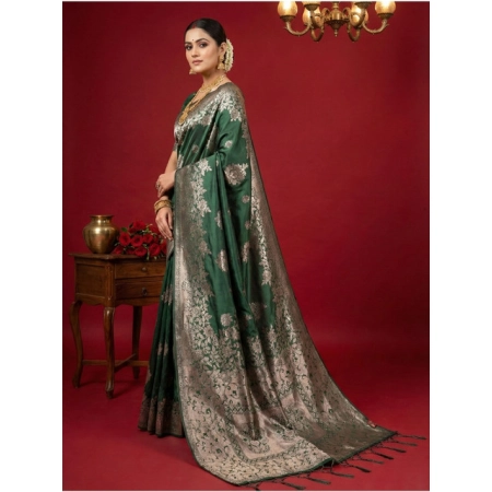 Generic Women's Silk Blend Printed Saree With Unstitched Blouse 5.5Mtr (Dark Green)