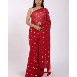 Generic Women's Linen Printed Saree With Unstitched Blouse 5.5Mtr (Red)