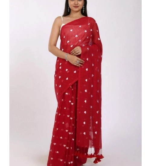 Generic Women's Linen Printed Saree With Unstitched Blouse 5.5Mtr (Red)