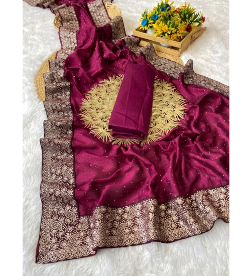 Generic Women's Silk Embroidred Saree With Unstitched Blouse 5.5Mtr (Purple)