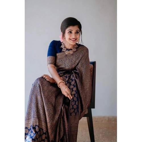 Women's Litchi silk Printed Saree With Unstitched Blouse (Blue)