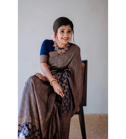 Generic Women's Litchi silk Printed Saree With Unstitched Blouse (Blue)