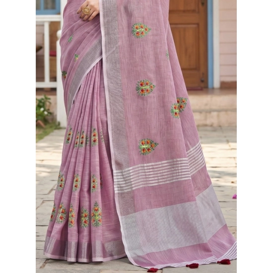 Generic Women's Linen Embroidered Saree With Unstitched Blouse 5.5Mtr (Light Purple) Generic Women's Linen Embroidered Saree With Unstitched Blouse 5.5Mtr (Light Purple)