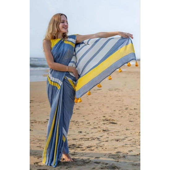 Generic Women's Linen Printed Saree With Unstitched Blouse 5.5Mtr (Blue)