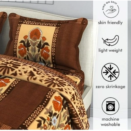 Generic Fleece Floral Printed Double Polar Warm Bedsheet with 2 Pillow Cover (Brown)