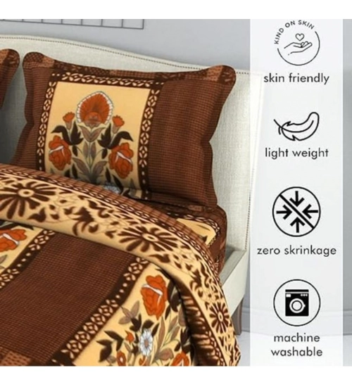 Generic Fleece Floral Printed Double Polar Warm Bedsheet with 2 Pillow Cover (Brown)
