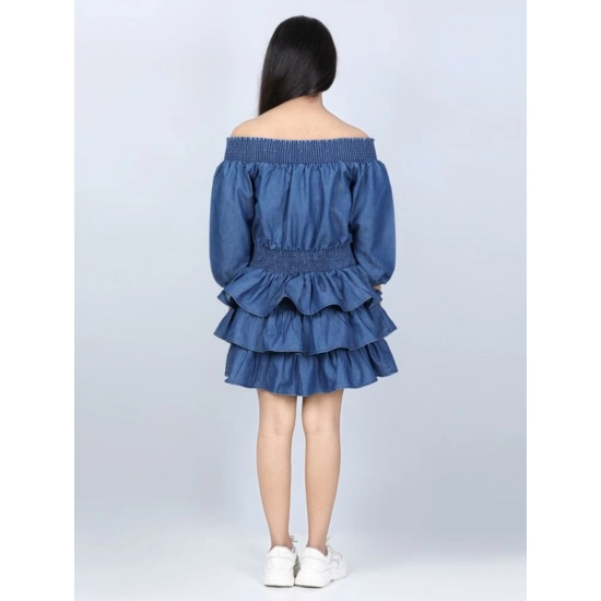 Generic Girl's Denim Solid Off Shoulder Dress (Blue)