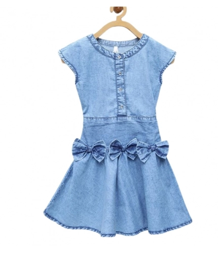 Generic Girl's Denim Embellished Cap Sleeve bow Dress (Light Blue)