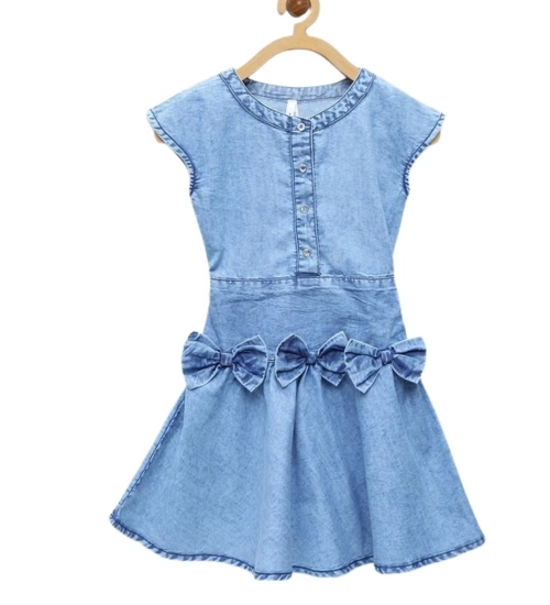 Generic Girl's Denim Embellished Cap Sleeve bow Dress (Light Blue)