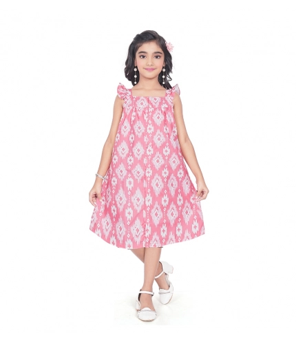 Generic Girl's Cotton Printed Sleeve Less Squre Neck Dress (Pink)
