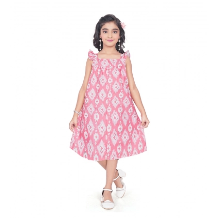 Generic Girl's Cotton Printed Sleeve Less Squre Neck Dress (Pink)