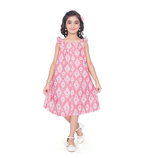 Generic Girl's Cotton Printed Sleeve Less Squre Neck Dress (Pink)