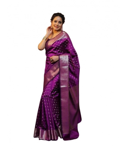 Generic Women's Soft Lichi Silk Printed Saree With Unstitched Blouse 5.5Mtr (Purple)
